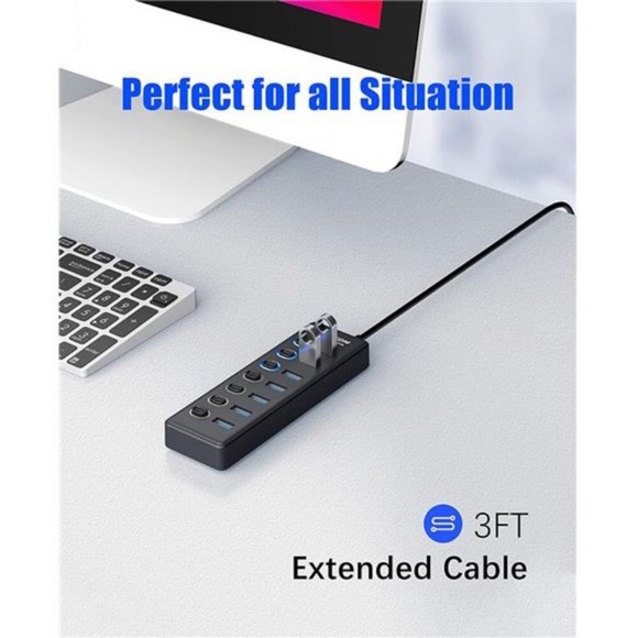USB 3.0 Hub, 7-Port USB Hub Splitter with LED, 3ft Extended Long Cable - Picture 7 of 7
